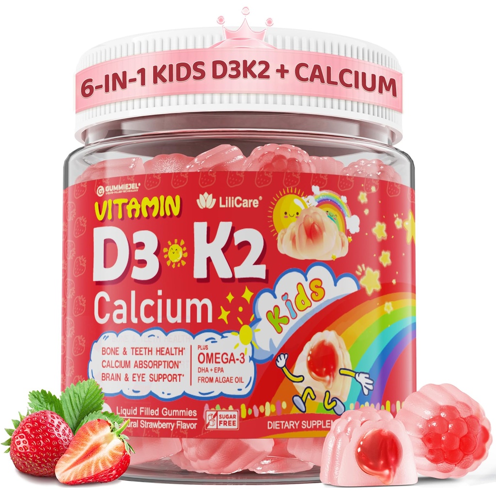 D3 K2 + Pediatrik Tamamlanmış Gummies for Kids & Friends, 1000IU / 2000IU D3 with Magnezyum, Algal Omega 3, Kids Vitamins for Bones & Teeth,uba Abxia, Brain, Immune, Sugar-Free, 60Cts