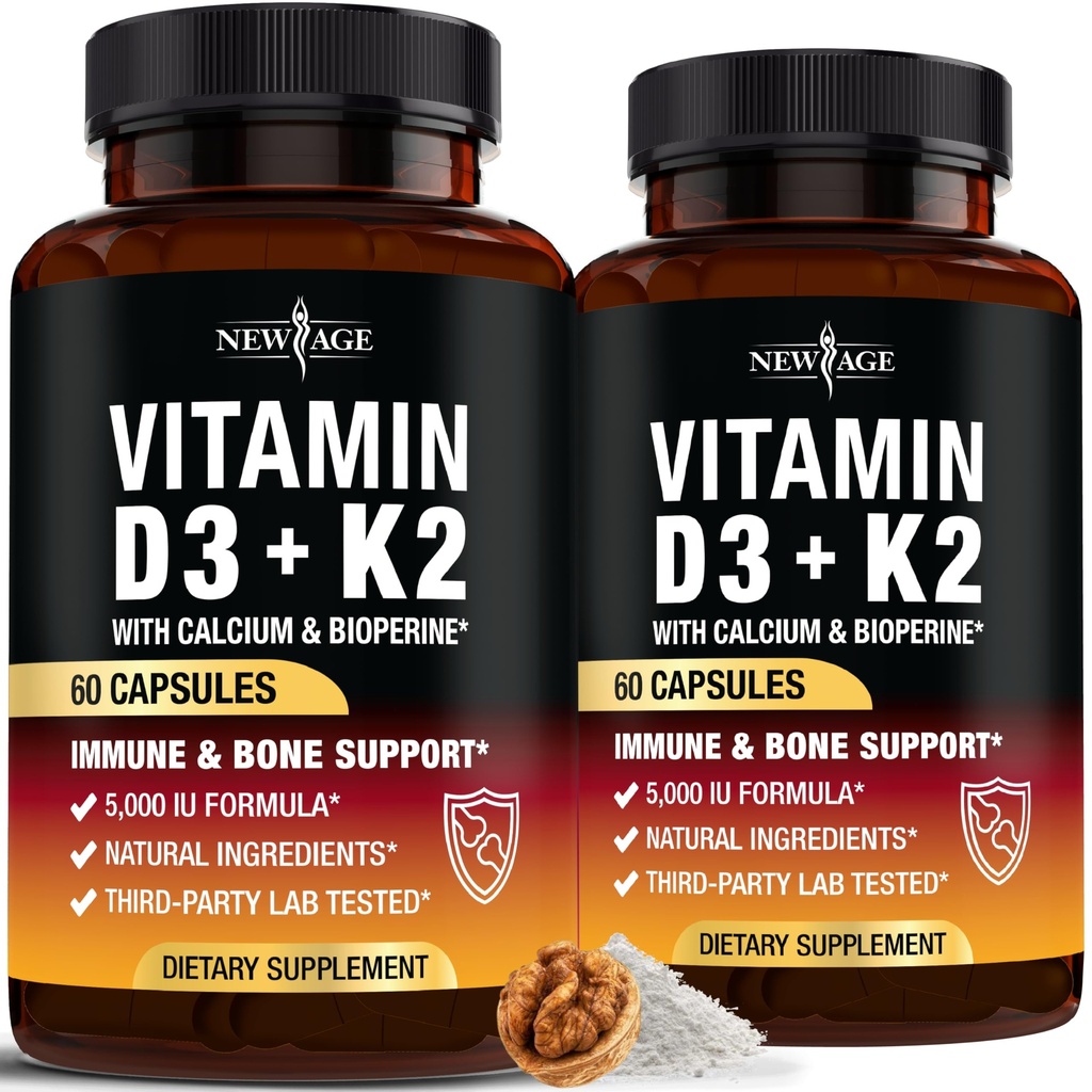ΝΕΑ ΑΗΓΙΚΗ Βιταμίνη D3 5.000 IU + K2 MK-7 100 mcg - 2-σε-1 Οστική, ανοσοποιητική & καρδιακή υποστήριξη, Εύκολο στην κατάποση, Μη ΓΤΟ - 120 κάψουλες