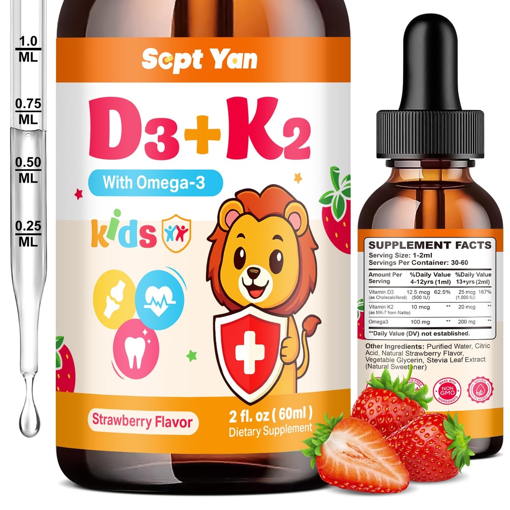 Çocuk D3 K2 Drops - K2 D3 Vitamin Supplement 1000 I with Omega 3, Support Bone, Mood, Teeth & Immune - Vitamin D3 K2 (MK-7) Yetişkinler ve Çocuklar için sıvı damlaları, Sugar Free Strawberry Flavor 2 FL OZ
