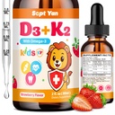 Παιδικές σταγόνες βιταμίνης D3 K2 - K2 D3 Συμπλήρωμα βιταμινών 1000 IU με Ωμέγα 3, Υποστηρίξτε τα οστά, τη διάθεση, τα δόντια και το ανοσοποιητικό - Βιταμίνη D3 K2 (MK-7) Υγρές σταγόνες για ενήλικες & παιδιά, Χωρίς ζάχαρη γεύση φράουλα 2 FL OZ