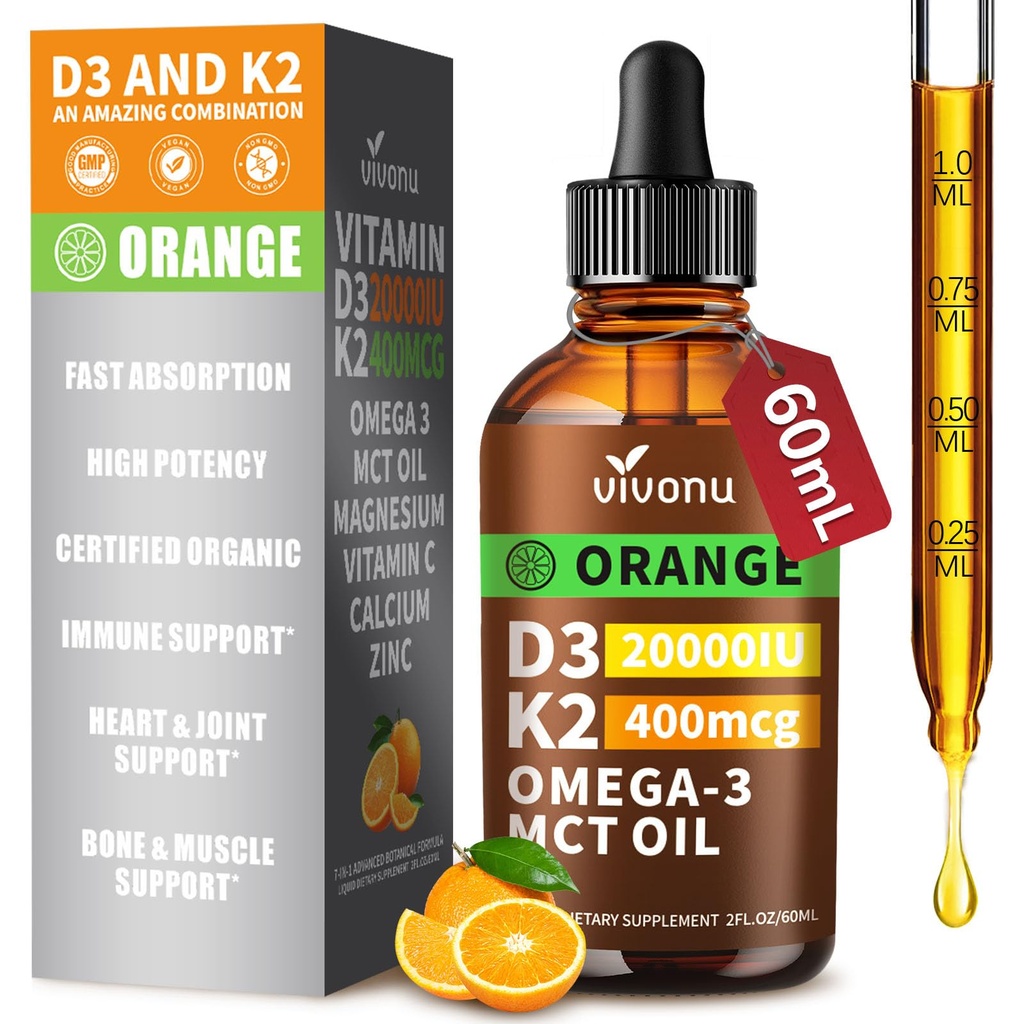 Βιταμίνη D3 K2 σταγόνες, D3 20000 IU & K2 ως MK-7 400mcg με μαγνήσιο, ασβέστιο, ψευδάργυρος & ωμέγα 3 για ανοσοποιητικό *, Mood*, οστό * υγεία, πορτοκαλί γεύση βιταμίνη D υγρό σταγόνες συμπλήρωμα 1 μπουκάλι/2 ουγγιά
