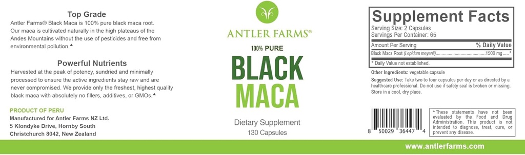 Αγροκτήματα μυρμηγκιών - 100% Pure Black Maca Root, 130 Κάψουλες, 1500mg – Καλλιεργείται στο Οροπέδιο Junin στο Περού, Ανδρική Ενέργεια, Ζωτικότητα & Σταμίνα, Ορμονική Ισορροπία, Μνήμη & Διανοητική Καθαρότητα