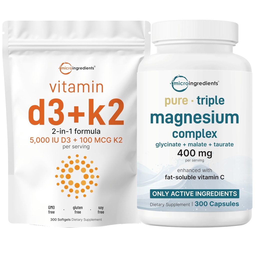 Mikro Malzemeler D3 5.000iu + K2 100mcg Softgels & Pure Triple Magnezyum Kompleksi 400 mg Capsules | 2 Pack Sche | Essential D & K Sunshine Vitamins | Glycinate, Malate, & Taurate Forms