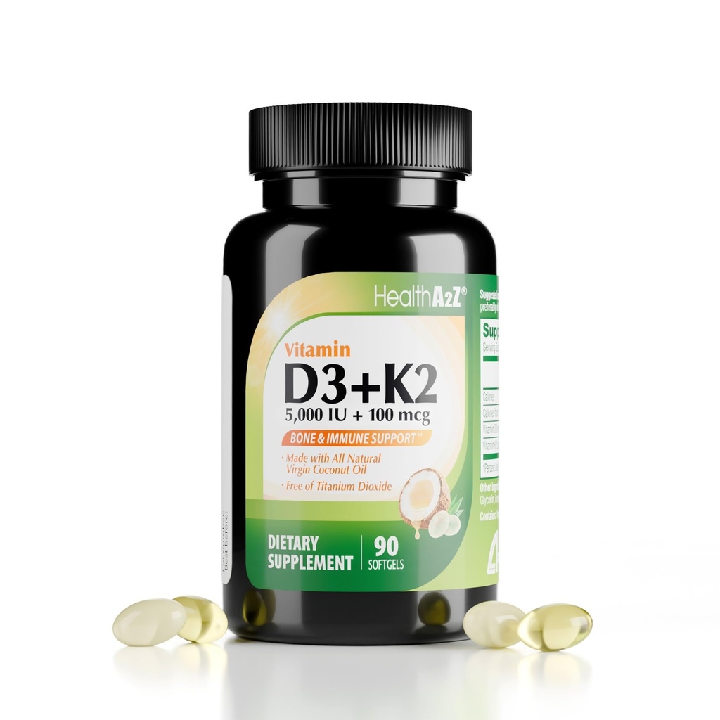 SağlıkA2Z® Vitamin D3 (5,000 IU) + K2 (MK-7) Virgin Coconut Petrol (Doğal MCTs) ile Made with Virgin Coconut Oil (Dokuzal MCTs) - 90 Softgels (1 paketi) - Bones, Teeth, Mood & Immune Health