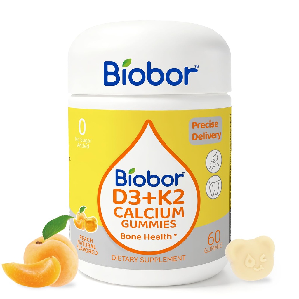 Biobor Vitamin D3 K2 Gummies withuba, 2000 IU D3 & 200 mcg K2 (MK-7) & 200 mgelli, No Sugar eklendi, Sağlıklı Bones & Immune Health, Gluten Free Count, GMO Free, Sarı Peach, 60