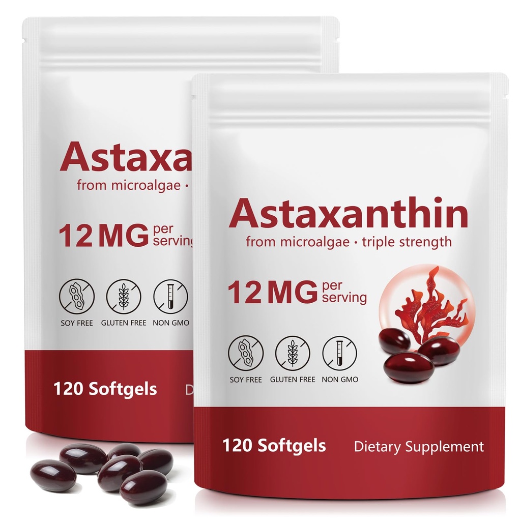 Xaarty 2Pack Premium Astaxanthin 12 mg, Natural Antioksi Supplement for Eye, Joint, Skin Health, Microalgae Source, 4 Moon Supply | Supports Internal Circulation, 240 Softgels