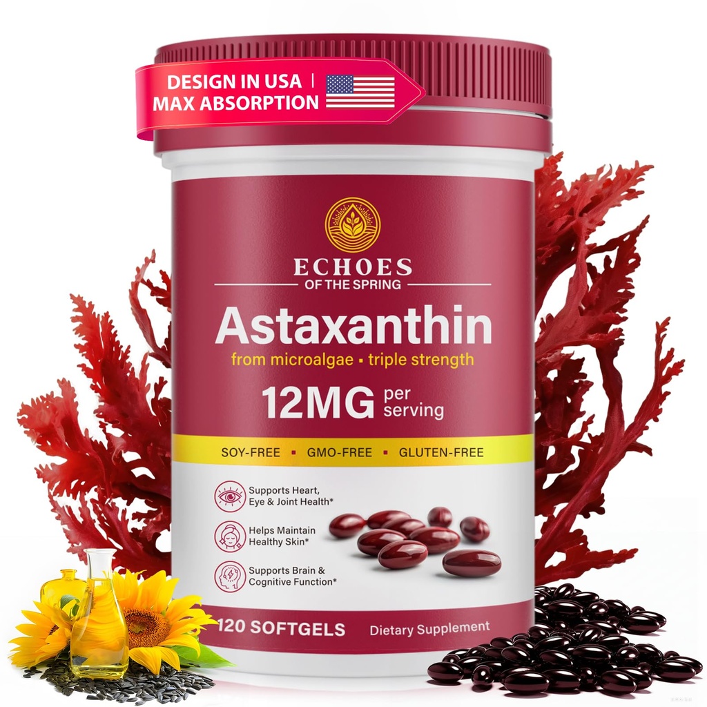 Astaxanthin 12mg - Haematococcus Pluvialis'den Doğal Astaxanthin, Eye, Skin, Joint & Immune Support (120)