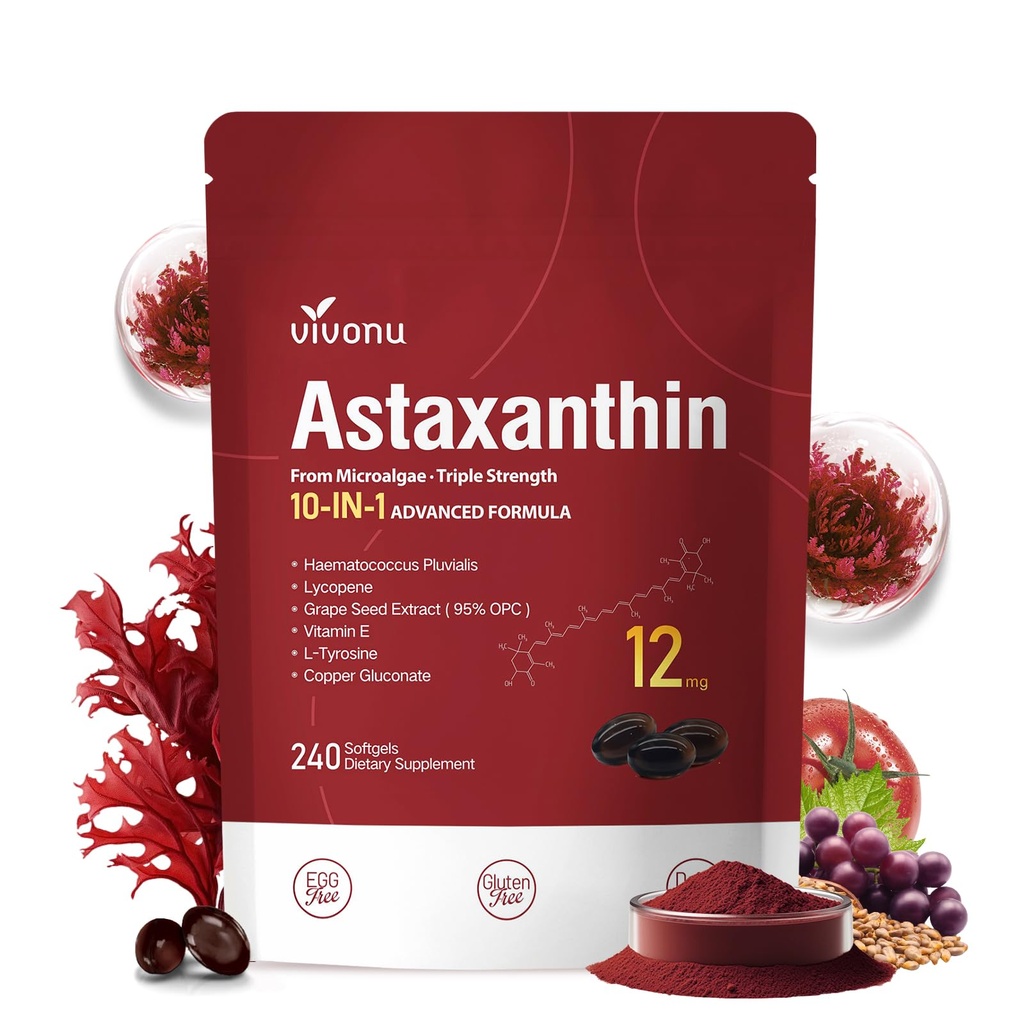 1 Astaxanthin 12 mg Supplements, 4 Ay Supply, Astaxantina Antioksidan from Fresh Haematococcus Pluvialis, Contains Lycopene, Grape Seed, Vitamin E, & More Supports Eye, Joints, Skin Health