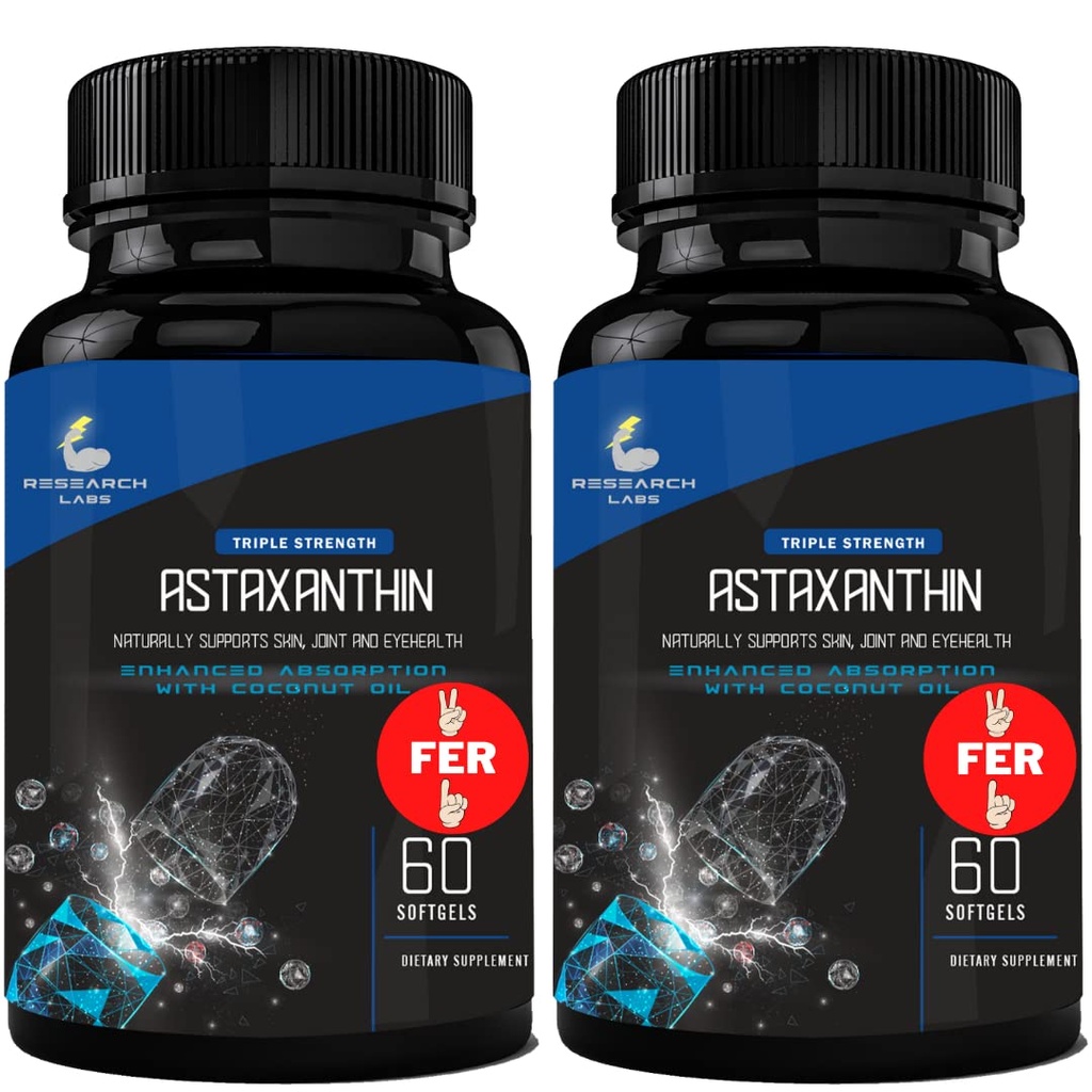 Araştırma Laboratuvarları Triple Strength Natural Astaxanthin 12 mg Softgels + Ekstra Şişe Organik Buhar Yağı Gelişmiş Aborpsiyon Güçlü Antioksi Destekleri Göz Ortak & Kalp Sağlığı 120 Toplam Yumuşakgels