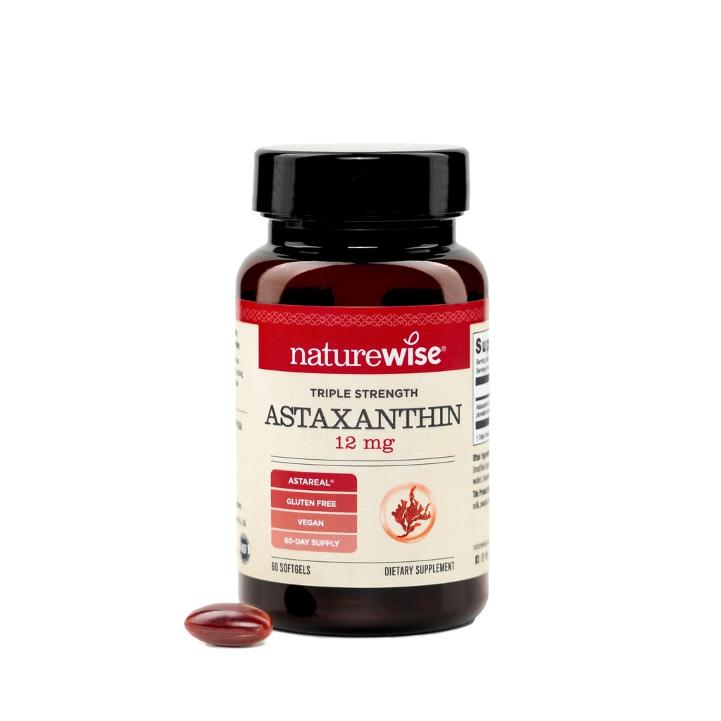 NatureWise Triple Strength Astaxanthin 12mg with AstaReal® - Vegan Antioksi Supplement with Organic Coconut Oil - NSF sertifikalı Gluten Free, Non-GMO - 60 Softgels[60 Day Supply]