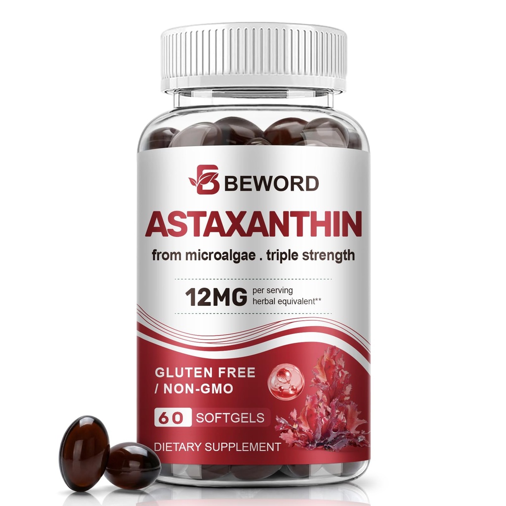 BEWORD Astaxanthin 12mg with MCT Oil, 60/120 Softgels 2Month Supply | Premium Antioksi Supplements | Natural Microalgae, Triple Strength | Supports Skin & Eye Health | Non-GMO, Gluten & Soy-Free