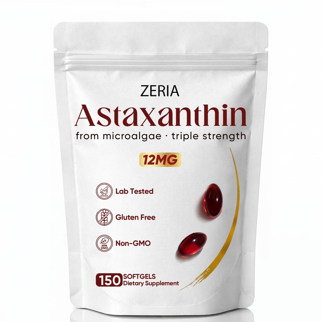 Zeria Astaxanthin 12mg, Doğal Mikroalgae Antioksi Supplements, Hücreleri Oxidative Stres, Skin Firmalığı ve Elastikliği, Sağlıklı Cilt ve Gözler, 150 Softgels