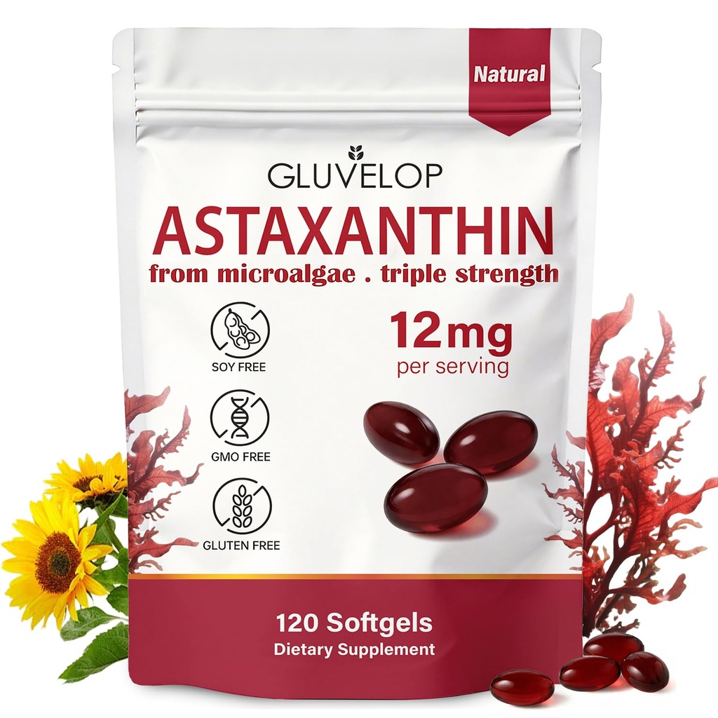 Astaxanthin 12 mg, Premium Astaxanthin Antioksi Supplements, Supports Eye, Skin, Immune, Internal Circulation, Fresh Microalgae Source, Triple Strength, Non-GMO, 4 Ay Supply, 120 Softgels