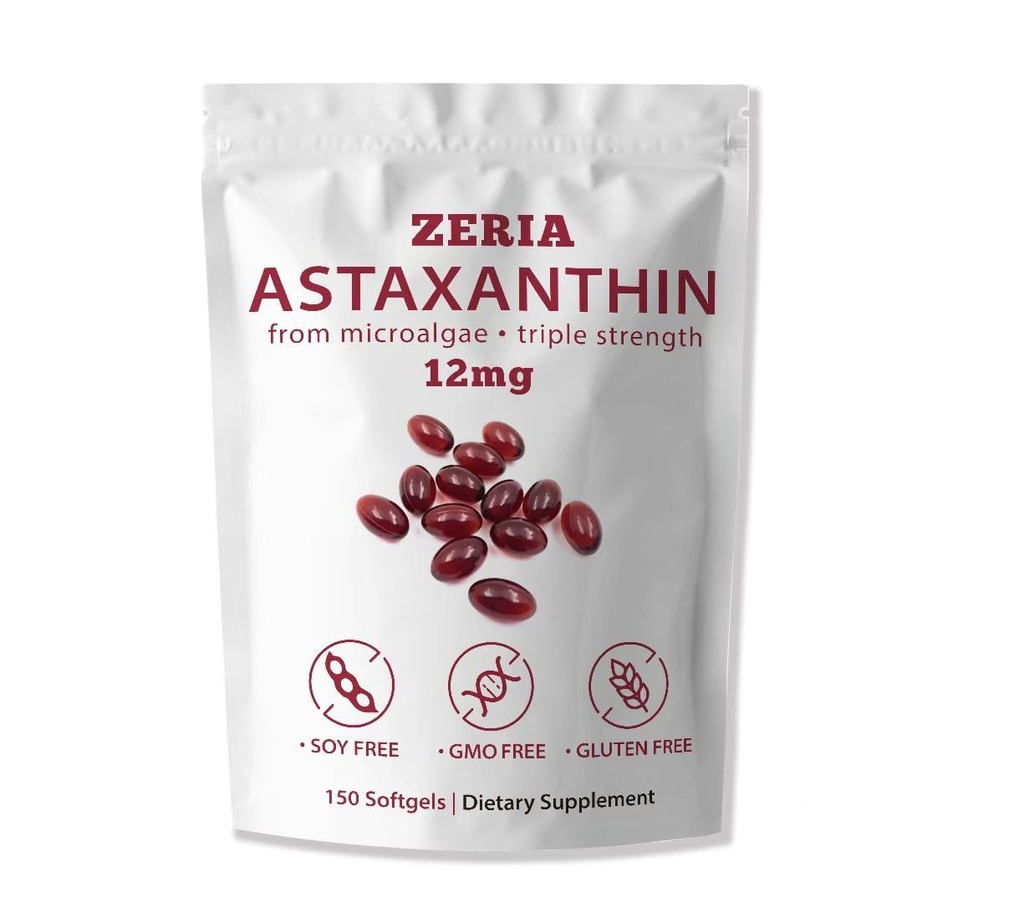 ZERIA Astaxanthin 12 mg, 150 Softgels - Natural Microalgae Antioksi for Eye, Skin & Immune Support, 4-Month Supply (1parça)