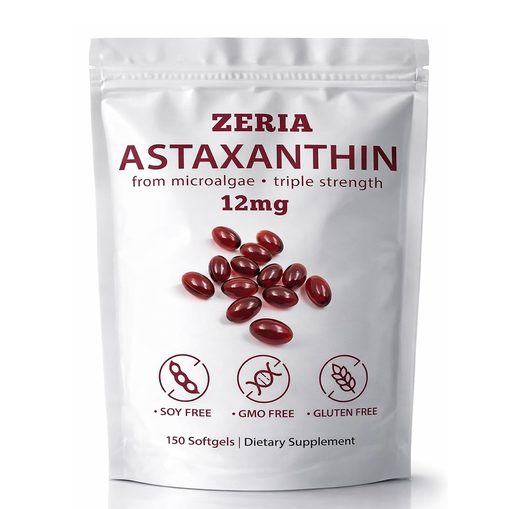ZERIA Astaxanthin 12 mg, Natural Microalgae Antioksi for Eye, Skin & Immune Support - 150 Softgels