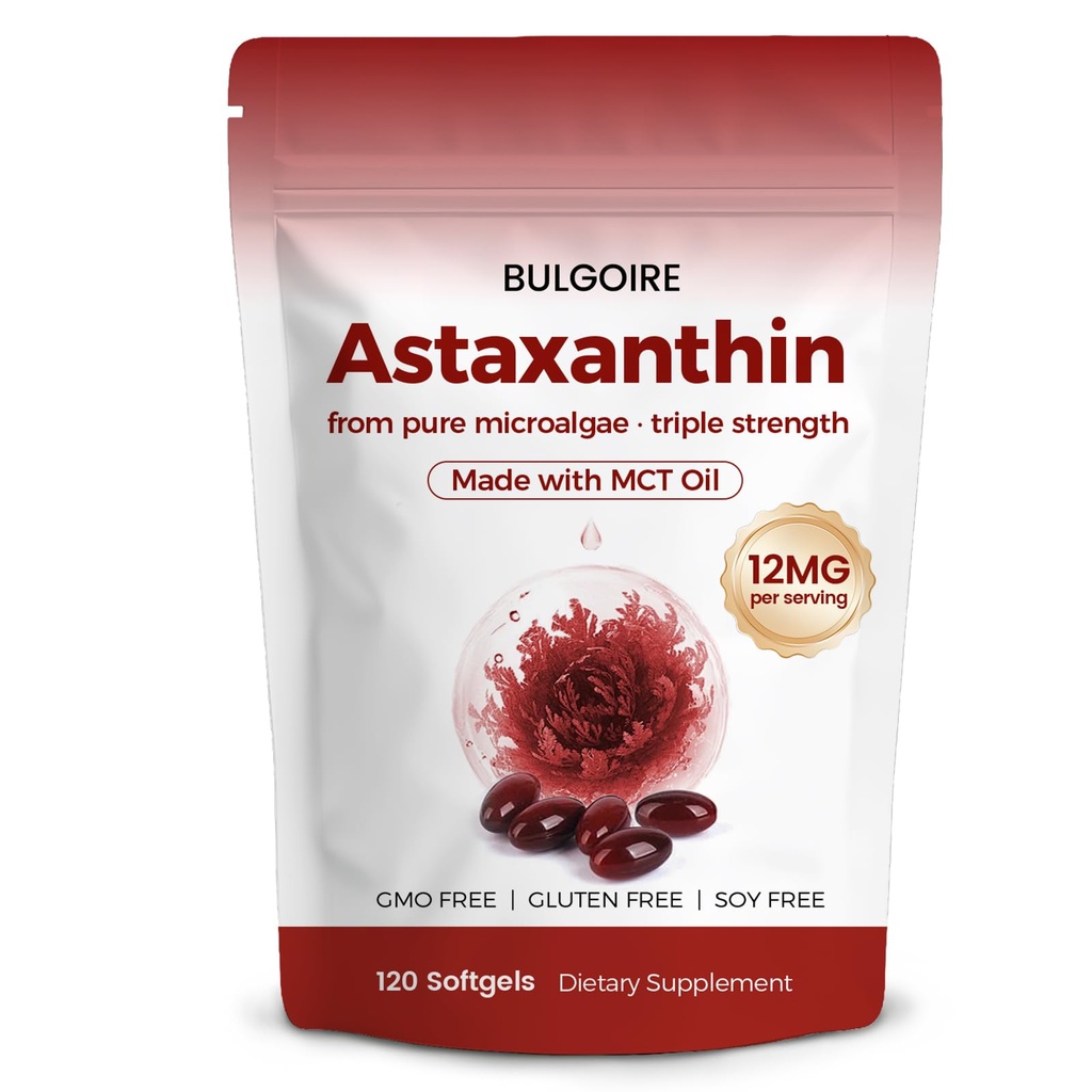 Astaxanthin 12mg with MCT Oil – 120 Softgels, Premium Astaxanthin Organic Supplements, for Kidneys, Eyes & Skin, Natural Microalgae Source, Triple Strength, Non-GMO & Gluten Free (Pack of 1)