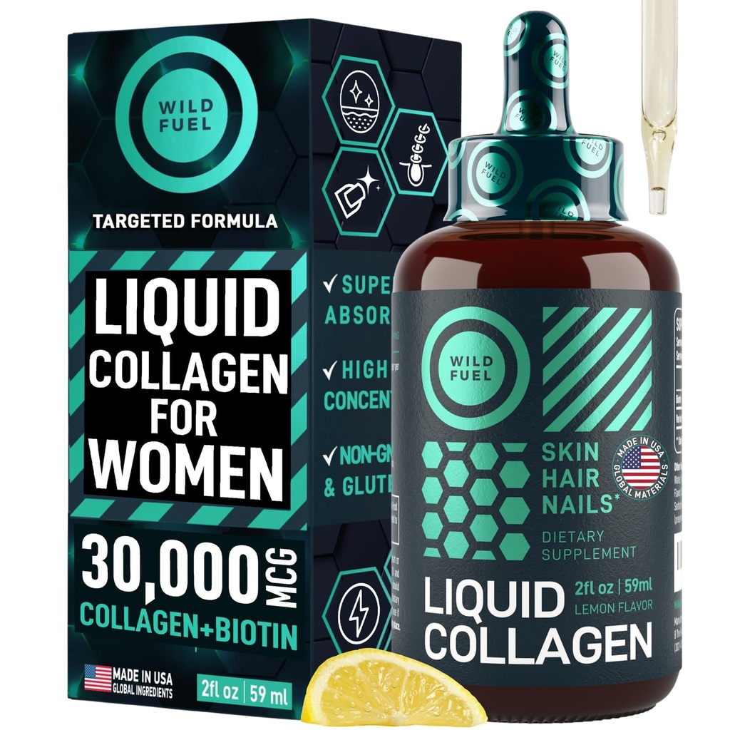 WILD FUEL Liquid Collagen Nail with Biotin Vitamins for Hair Skin and Nails - 30,000 Akustik Kadınlar ve Erkekler Plus Biotin - Lemon Flavor, up to 2Month - 2 oz