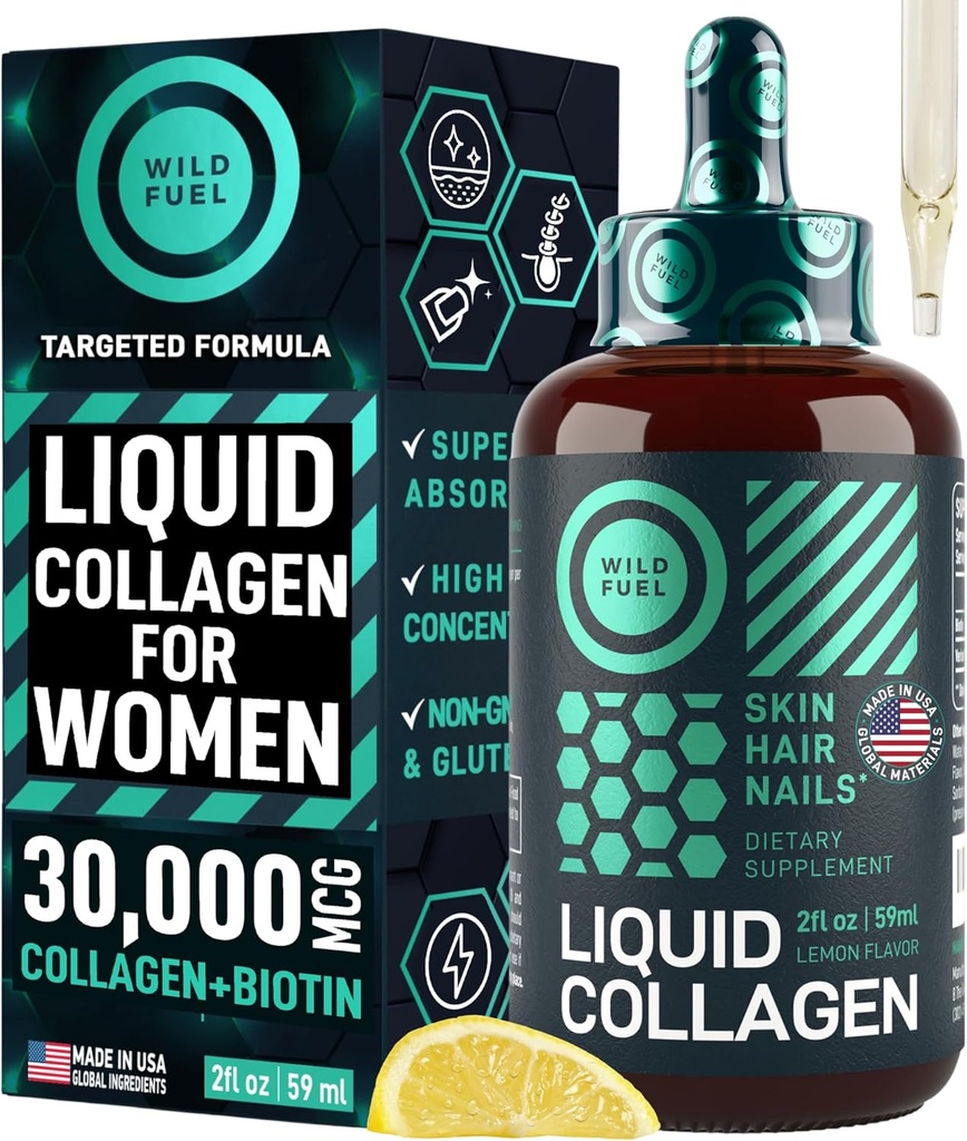 WILD FUEL Liquid Collagen Nail with Biotin Vitamins for Hair Skin and Nails - 30,000 Akustik Kadınlar ve Erkekler Plus Biotin - Lemon Flavor, up to 2Month - 2 oz