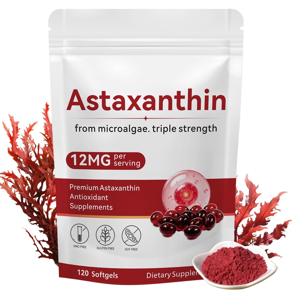 Ασταξανθίνη 12mg, 120 Softgels, Premium Ασταξανθίνη Αντιοξειδωτικά συμπληρώματα με Αντιοξειδωτική Δραστηριότητα, Υποστηρίζει τα μάτια, την υγεία του δέρματος, ανοσοποιητική, εσωτερική κυκλοφορία