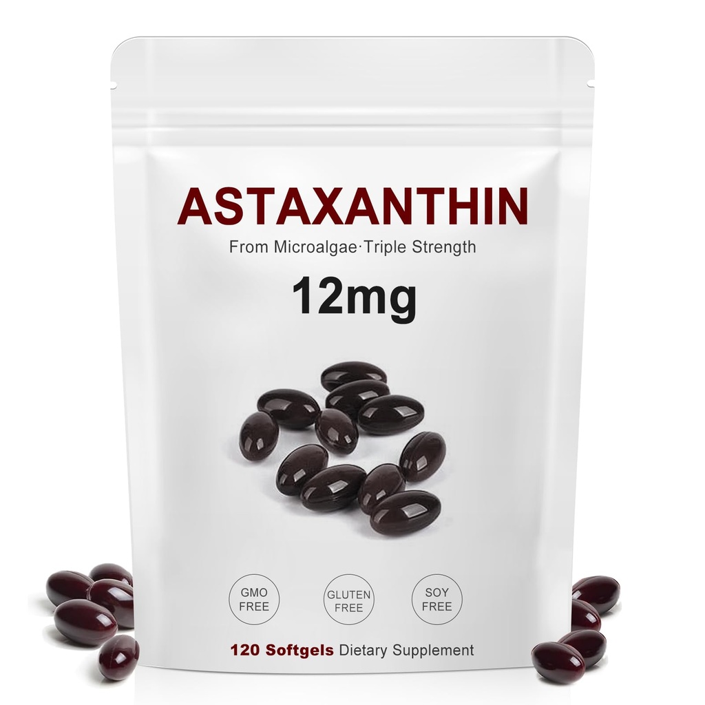 Astaxanthin 12 mg, Natural Antioksi for Skin, Eyes & Joint Support | Anti-Aging, Internal Circulation & Immune Boost, Microalgae Source, 4 Ay Supply, Non-GMO, Gluten Free, 120 Softgels