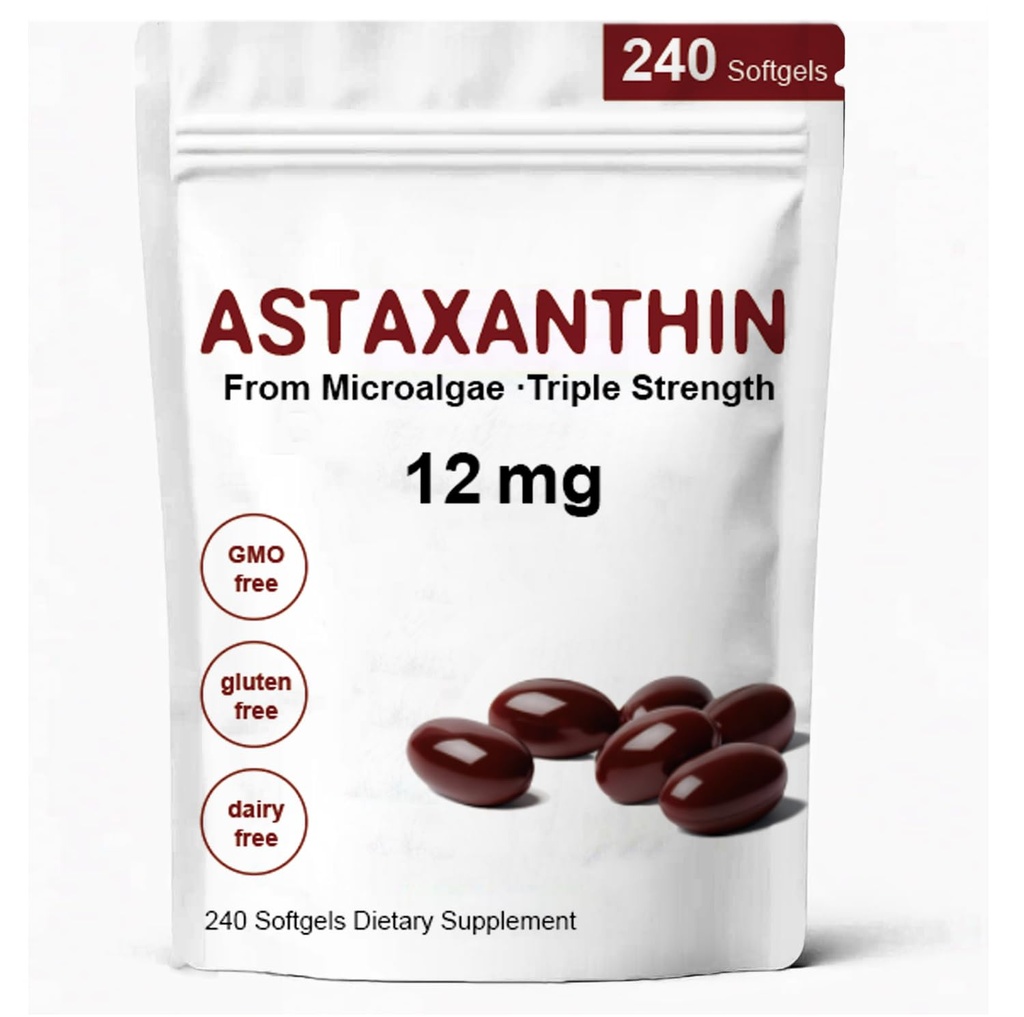 Astaxanthin 12 mg, Premium Astaxanthin Antioksit Antioksik Aktivite, Destekler Göz, Immune, Skin Health, Internal Circulation-240 Softgels