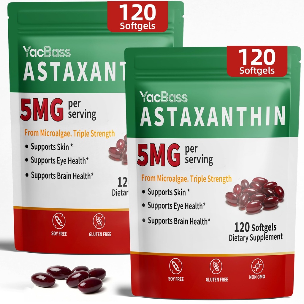 2Pack Astaxanthin Supplements 5mg - Premium Astaxanthin for Eye, Brain, Skin & Immune Support, Microalgae Source, 240 Softgels