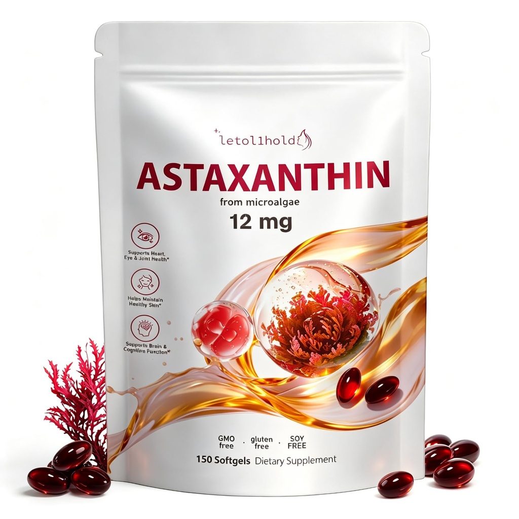 Astaxanthin 12 mg, 150 Softgels - 5 Ay Supply, Astaxanthin Supplements Sourced from Fresh Microalgae, Non-GMO, Gluten Free, Easy to Swallow