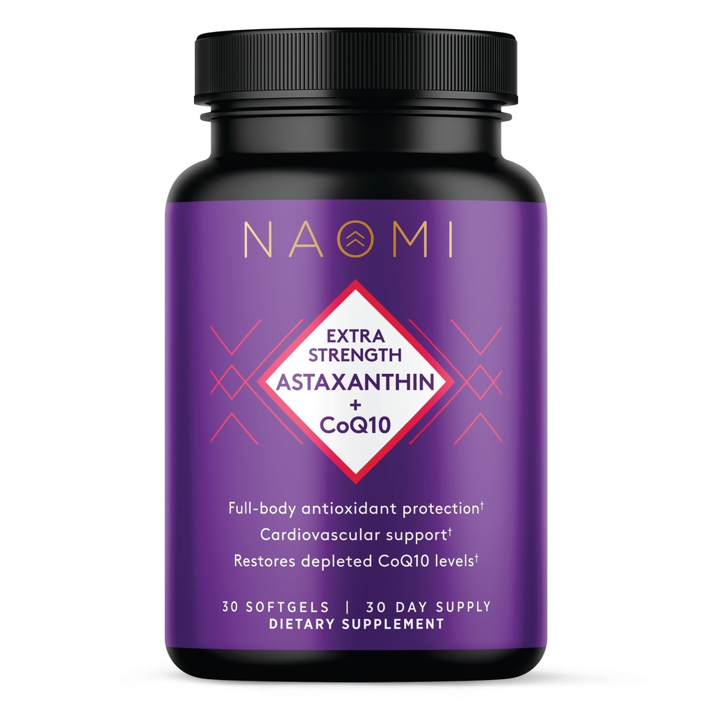 NAOMI Extra Strength Astaxanthin 12mg + CoQ10 200mg - Supports Heart Health, Cellular Energy & Antioxidant Defense - Patented Zanthin® & Kaneka® Q10, Fat-Soluble Softgel, 30-Day Supply