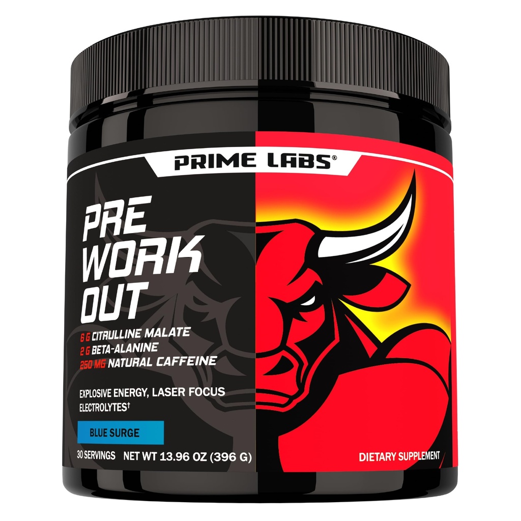 Prime Laboratories Pre Workout Toz for Men - with Citrulline Malate, Beta-Alanine, and Natural Caffeine - Energy, Focus, Power - Blue Lemonade Flavor - 30 Servisler