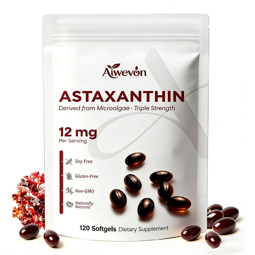 Astaxanthin Supplement 12 mg Softgels, Microalgae'den Mikroalgae'den gelen Doğal Astaxanthin, Aborpsiyon için Güçlü Antioksit Desteği, Skin Eye Heart Joint Health, Non-GMO Gluten Free, 120 Softgels