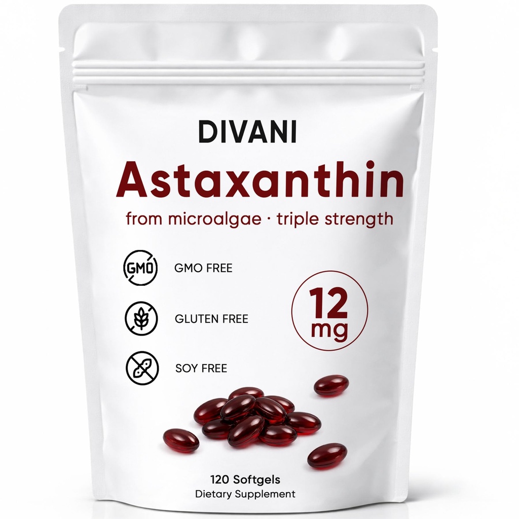 DIVANI Astaxanthin 12mg, Daily Wellness için Antioksi Supplement, Immune, Eye & Skin Support, Non-GMO, Gluten Free - 120 Softgels