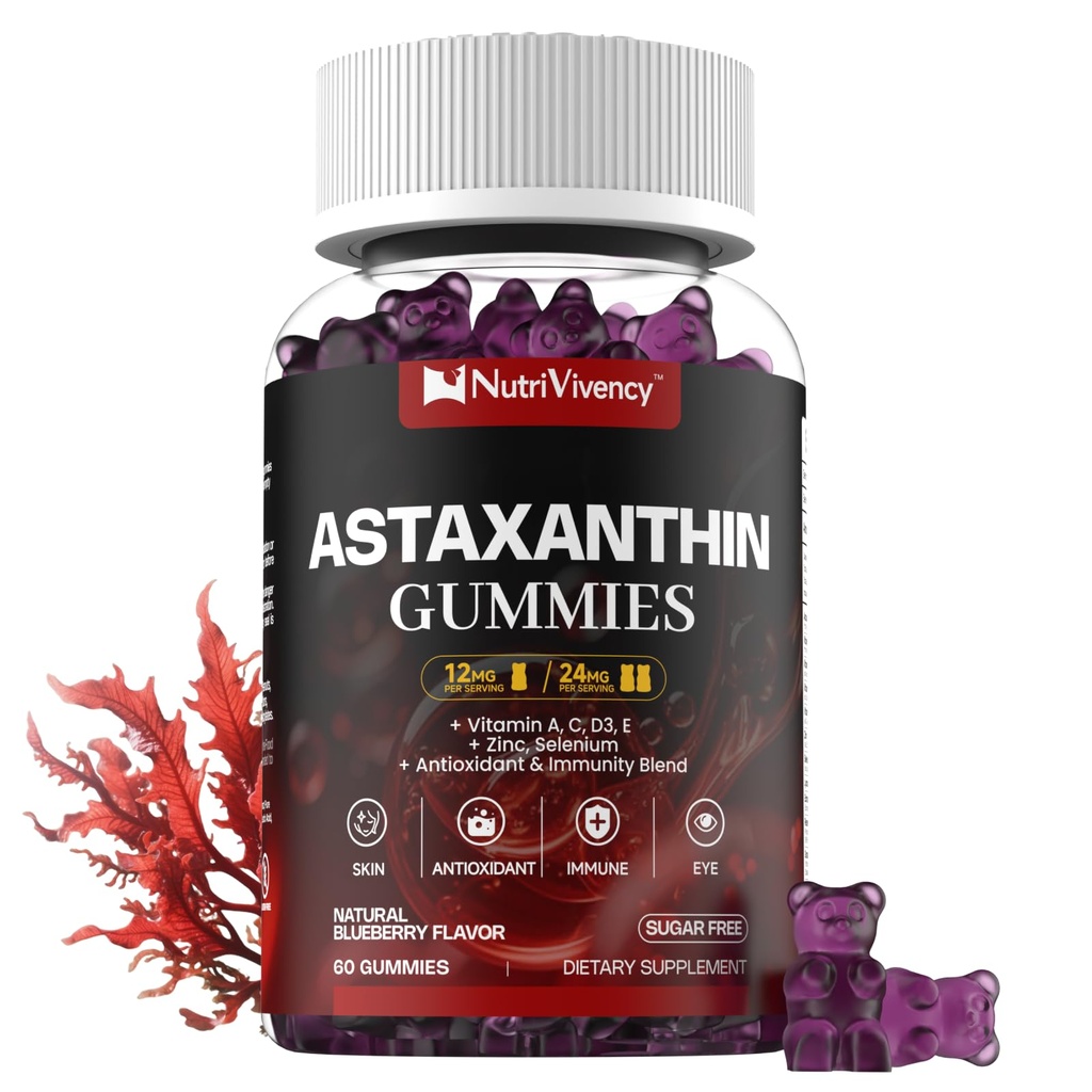 Astaxanthin Gummies, 12mg Per Gummy 24 mg Max, Astaxanthin Supplements with Vitamin A/C/D/E, Resveratrol, 14-IN-1 Antioksis Meeting for Women Men, Skin, Eyes, Immune Support, Sugar Free, Vegan, 60 Ct