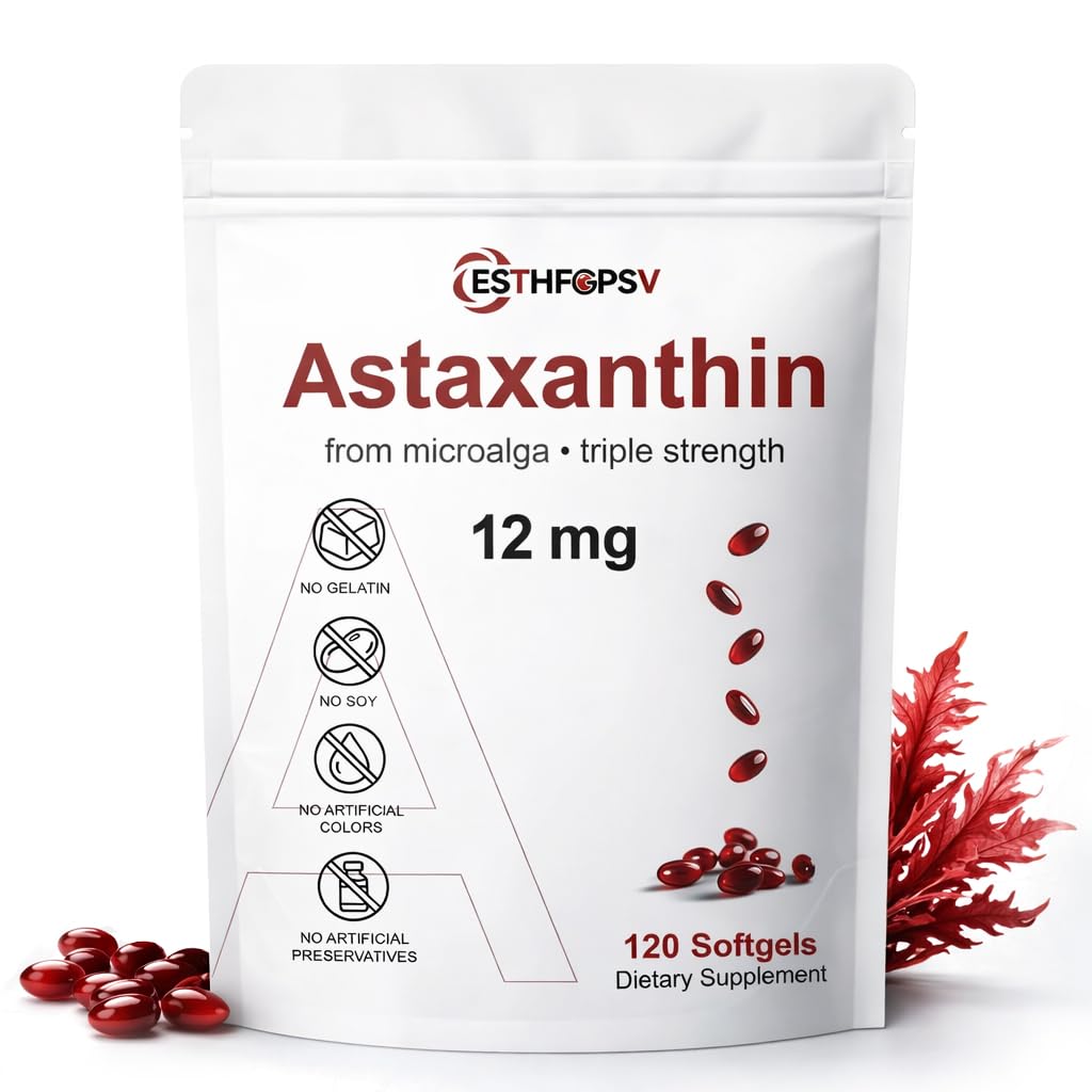 Premium Astaxanthin 12 mg Vitamin E ile Antioksit Supplement - 120 Softgels, 4 Ay Supply, Microalgae Source, Supports Skin, Eye & Joint Health, Non-GMO, Gluten & Soy Free