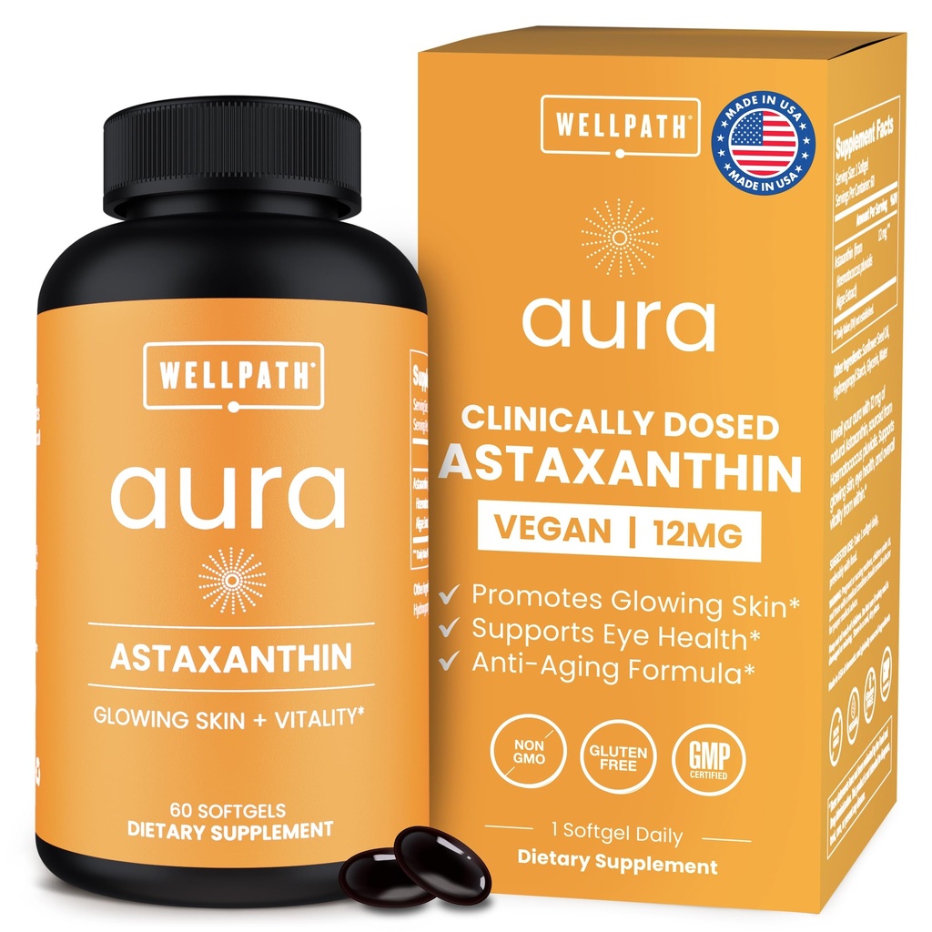 Astaxanthin Supplements 12mg | Vegan Astaxanthin Softgels from Microalgae | Antioxidant for Skin Hydration, Elasticity & Radiant Glow | Non-GMO, Vegan, Made in USA | 2 Month Supply, 60 Softgels