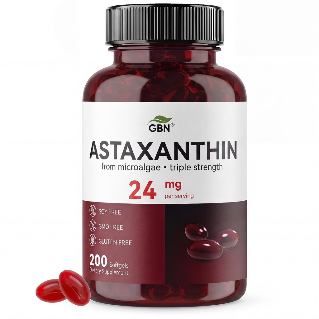 GBN Astaxanthin Supplements 24mg 200 Softgels, Supports Eye, Skin, Joint, Brain, Heart & Immune System Health, Stamina & Health Aging for Women & Men, Fresh Microalgae Source