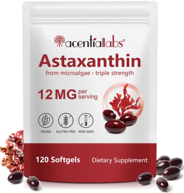 AIQIUSHA Astaxanthin Supplements 12mg with Coconut Oil, 120 Softgels, 4 Ay Supply | Microalgae | Non-GMO, Gluten & Soy Free