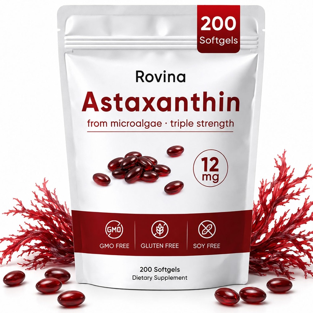 ROVINA Astaxanthin 12 mg Softgels, Antioksi Supplement Supports Eye, Skin, Immune, Joint, Internal Circulation, Non-GMO & Gluten Free - 200 Softgels