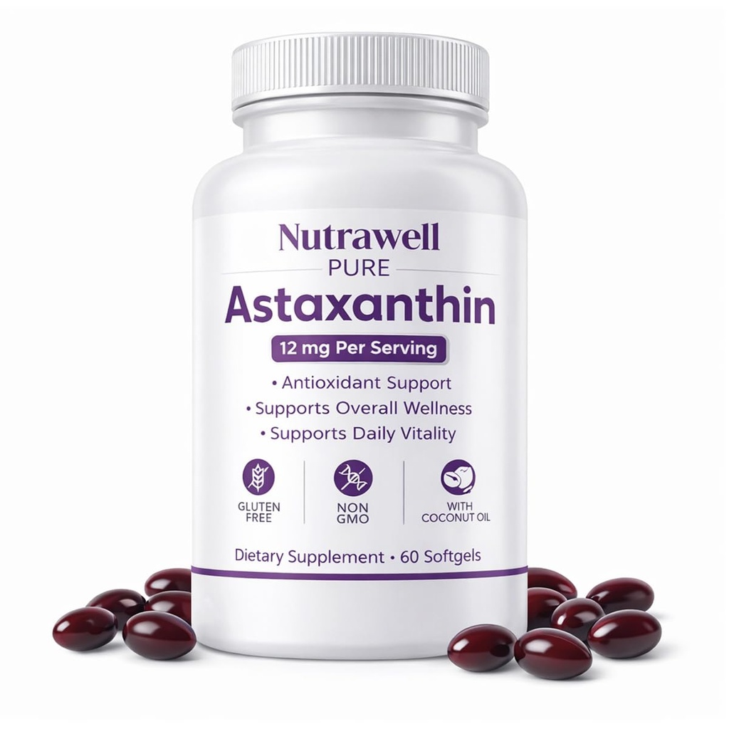 IRMI Nutrawell Astaxanthin 12 mg Softgels, Premium Natural Astaxanthin | Gluten-Free, Non-GMO | Daily Eye & Skin Support, 60 Soft jels