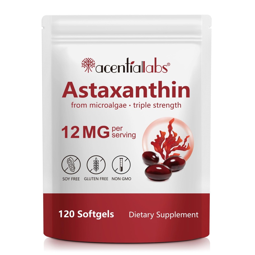 Astaxanthin 12mg,120 Softgels (4-Month Supply), Sourced from Fresh Haematococcus Pluvialis Microalgae, Supports Eye, Joint & Skin Health, Non-GMO, Gluten-Free, Dairy-Free