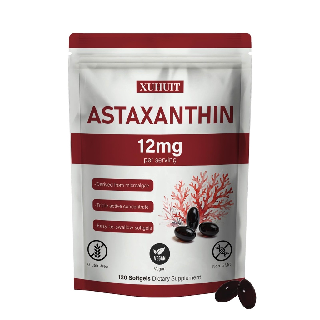 Astaxanthin Supplement 12 mg, 120 Softgels | Premium Natural Astaxanthin Antioksidan Microalgae | High Strength, Non-GMO, Gluten ve Soy Free Formula (1)