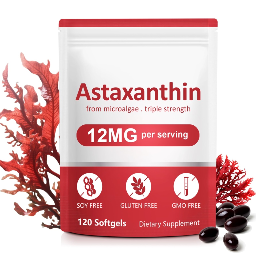 Astaxanthin Supplements,12 mg Astaxanthin Natural Anti-Aging Formula - Supports Eyes, Joint, Internal Circulation & Skin Health, Non-GMO Non-Glutenten