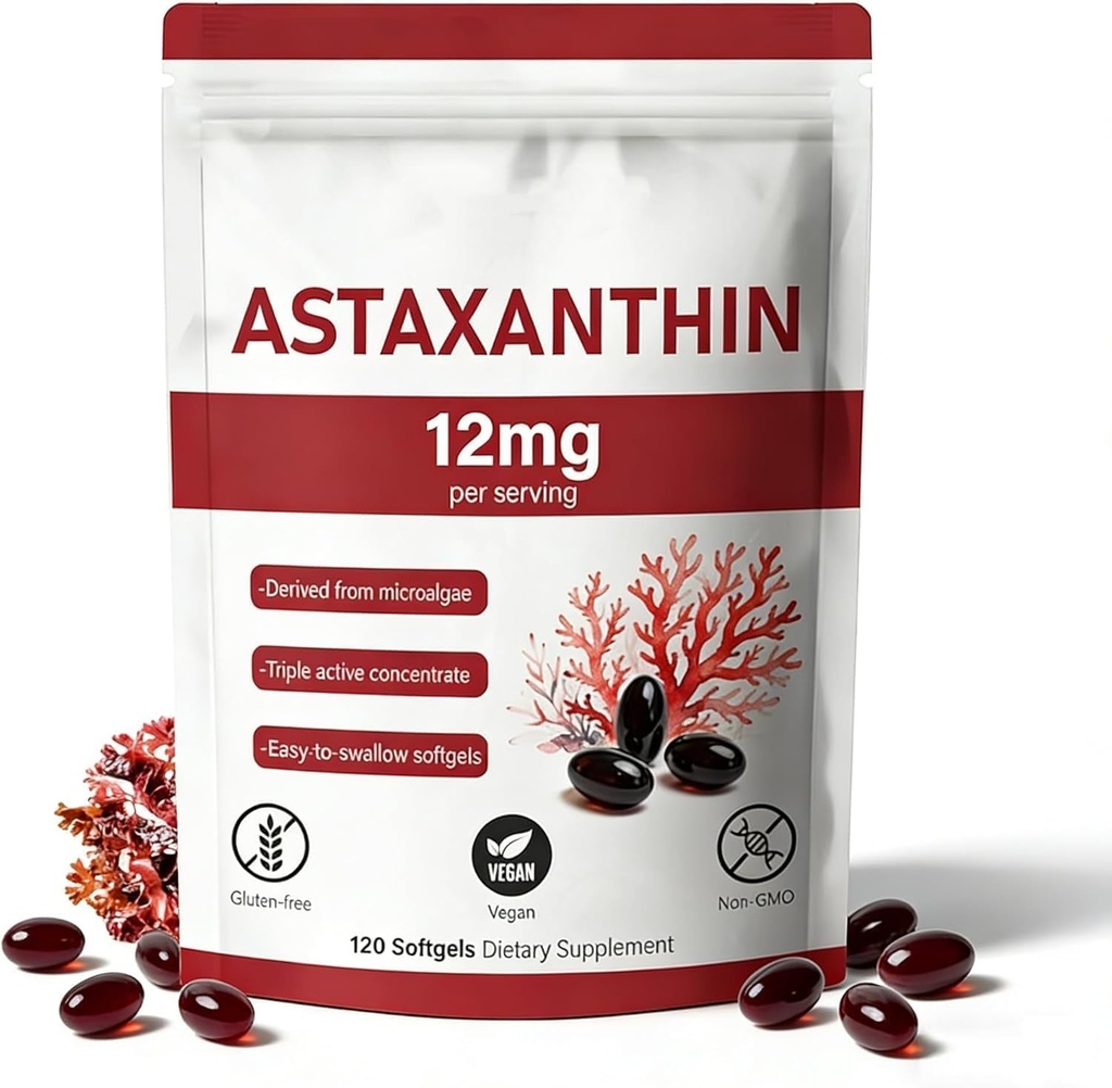 Ασταξανθίνη 12mg, 120 Softgels, Φυσική πηγή μικροφύκων, μη-GMO χωρίς γλουτένη, 4 μήνες προσφοράς