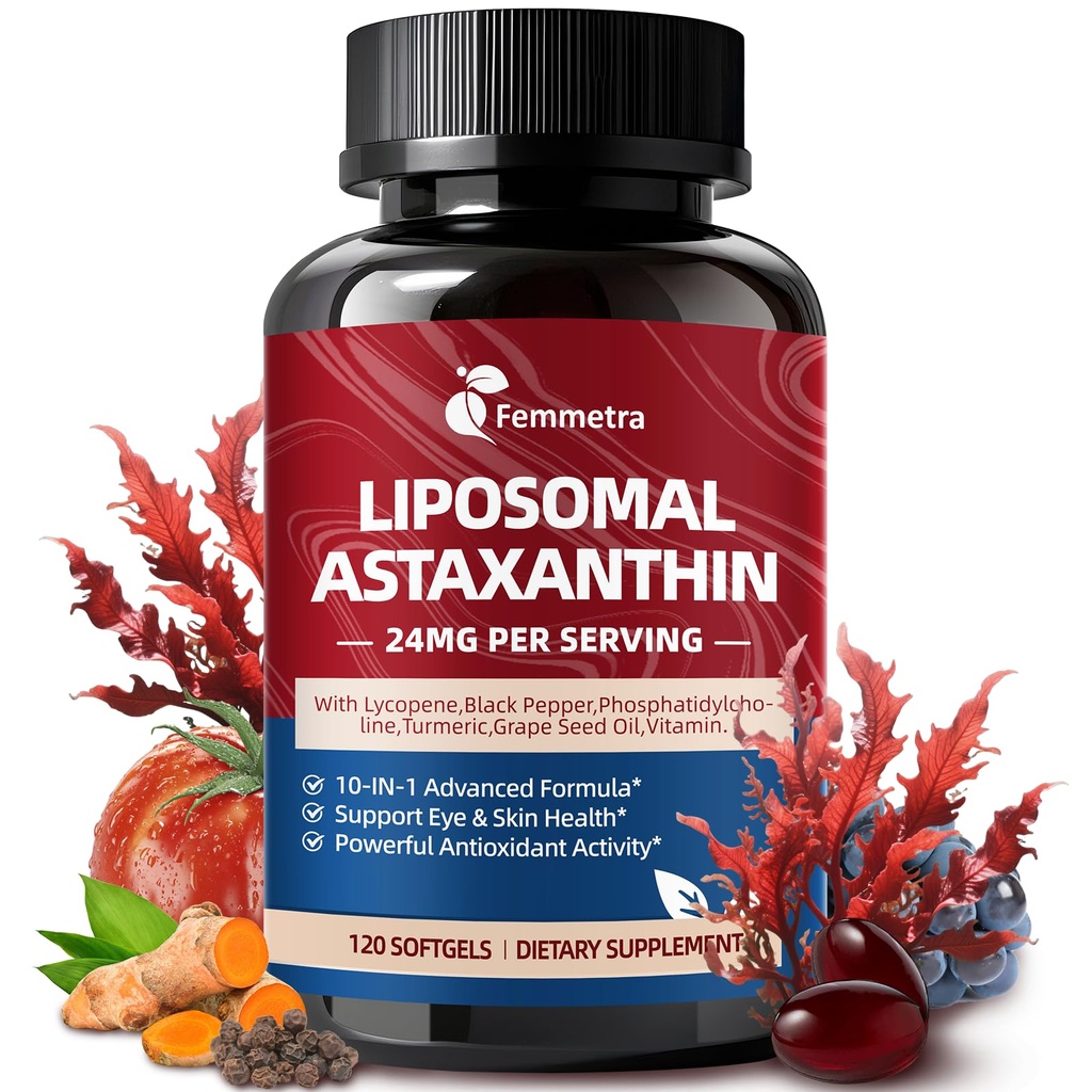 Liposomal Astaxanthin Supplements 24mg with Lycopene for Eye, Skin & Immune Health, 10in-1 Max Strength Astaxanthin Antioksi Supplement, Fresh Microalgae Source, Non-GMO, 120 Softgels