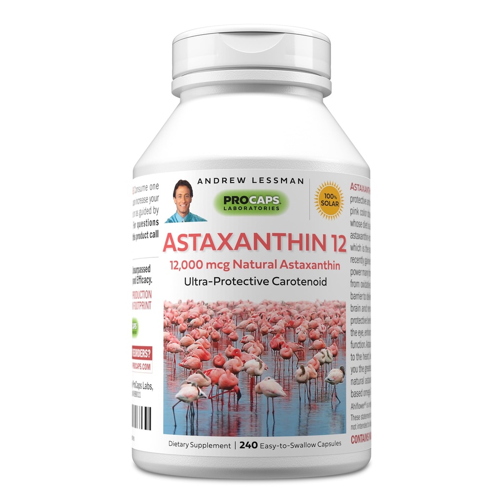 ANDREW LESSMAN Astaxanthin 12mg - 240 Softgels - 12000 mcg Natural Astaxanthin, Güçlü Anti-Oxidant Carotenoid. Gözler, Kalp, Skin ve daha fazlası için koruma. Katkı yok. Swallow Yumuşak