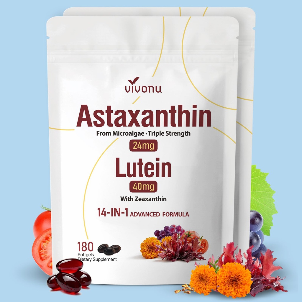 PHNu 14-in-1 Astaxanthin 24 mg & Lutein 40mg ile Zeaxanthin Supplements, 12 Ay Supply, 360 Softgels, 2 Bag
