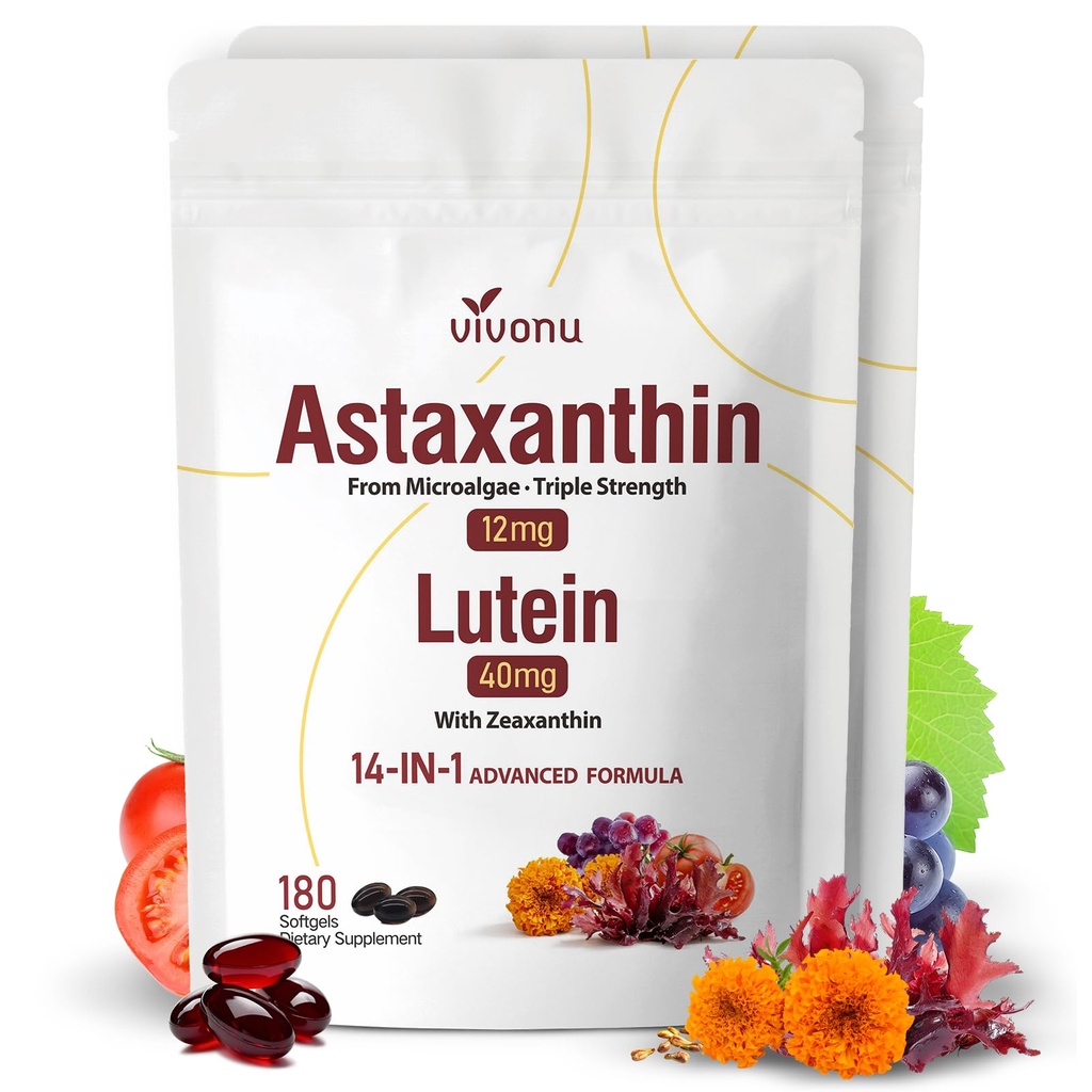 14-in-1 Astaxanthin 12 mg & Lutein 40 mg with Zeaxanthin Supplements, 12 Ay Supply, Fresh Microalgae Source, Supports Eye, Skin, Antioxy, Joint, Circulatory Health, Non-GMO, Gluten Free, 2 Bag