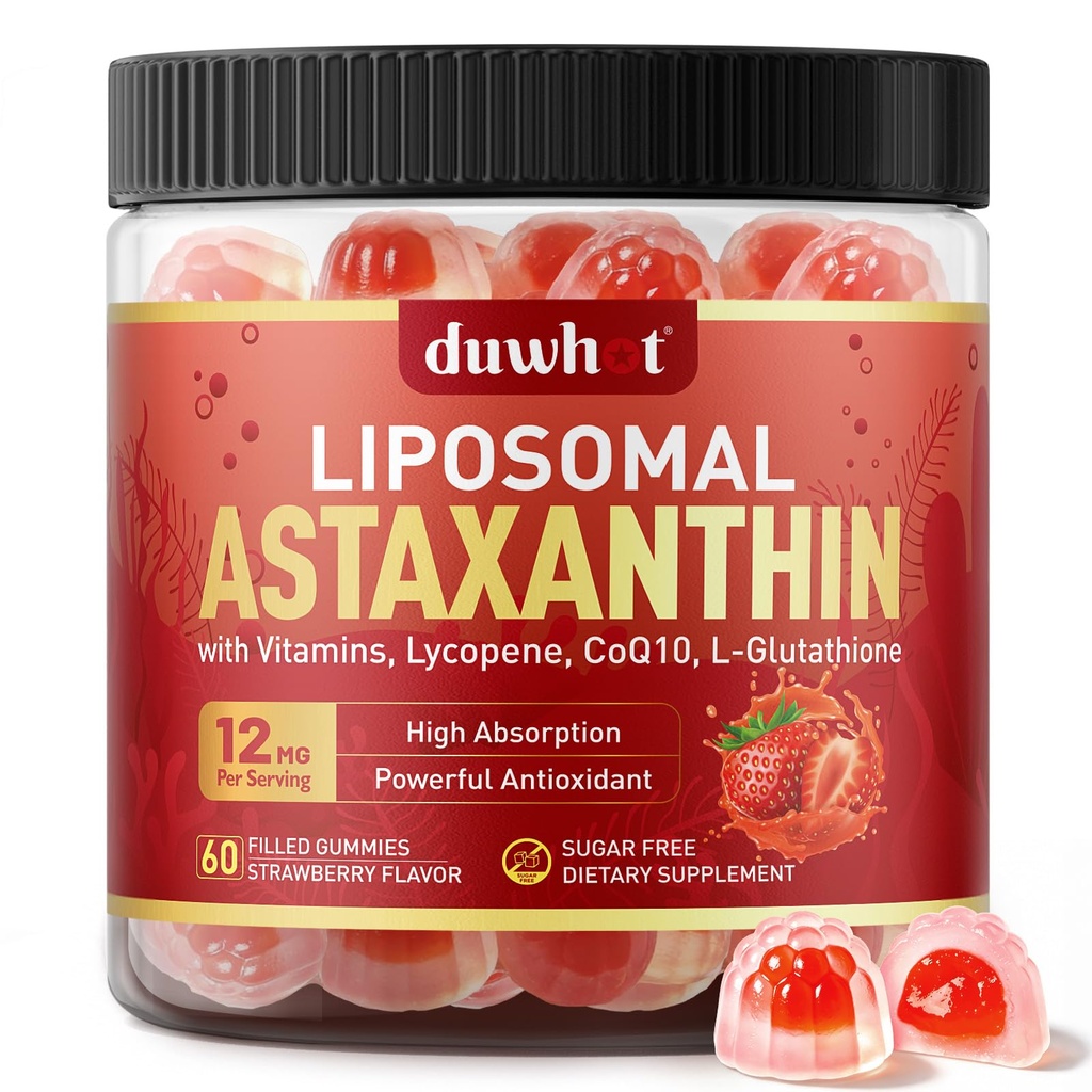 Liposomal Astaxanthin Gummies, Organik Astaxanthin 12mg Supplements with Lycopene, Glutathione for Powerful Antioxy, Plus Vitamins & CoQ10 for Eye, Skin & Immune Health, Sugar Free, Vegan, 60