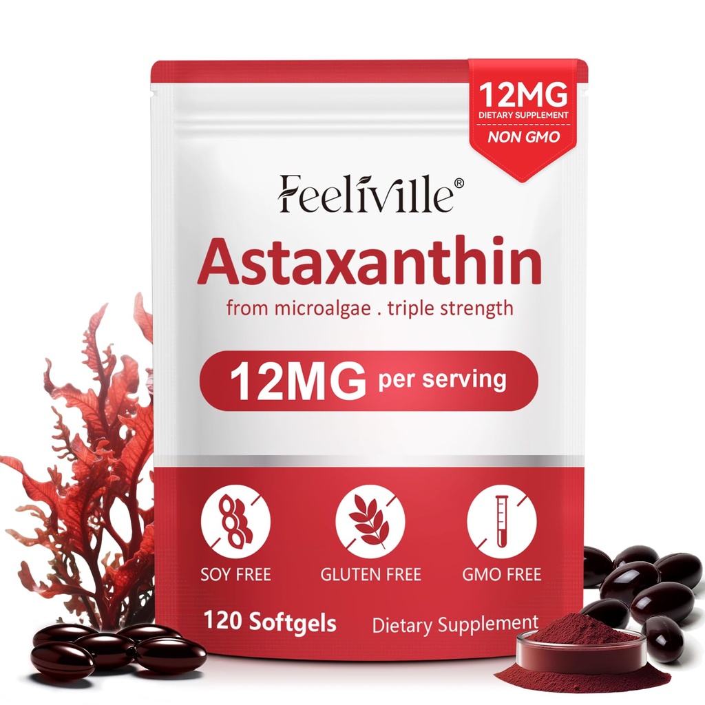 Astaxanthin Supplements, Premium Astaxanthin 12 mg Antioksit Aktivitesi, Destekler Göz, Ortak, Immune, Skin Health, Internal Circulation, 1Pack(120 Softgels), Non-GMO & No Gluten