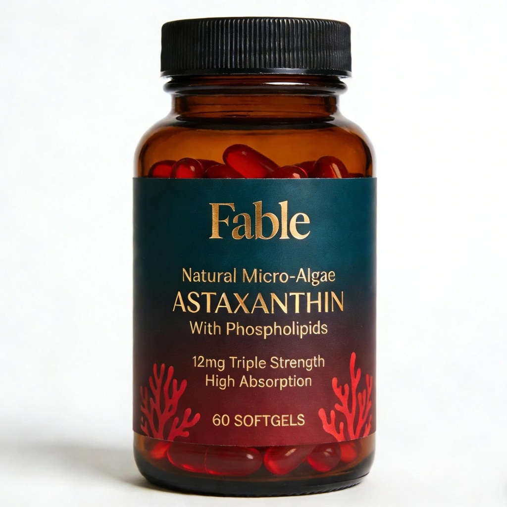 Fable Astaxanthin 12mg ile Phospholipids - 5X Aborpsiyon, Natural Micro-Algae Sourced Antioksi for Skin, Eye & Heart Health, 60 Count Count
