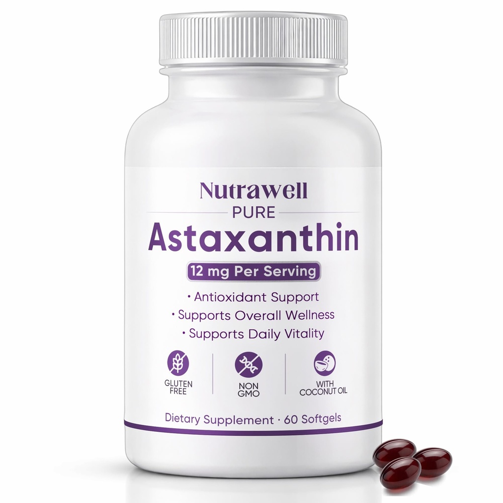 NutraWell Astaxanthin 12mg, with Coconut Oil, Antioxidant Support Supplement, Non-GMO, Gluten Free, 60 Softgels